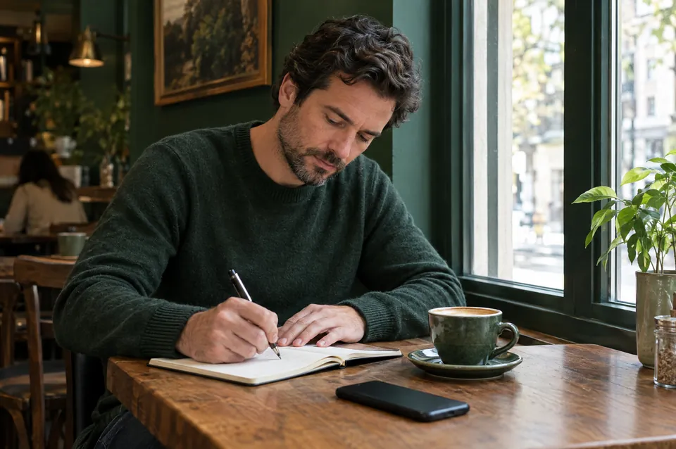 A man writing in a notebook by a café window