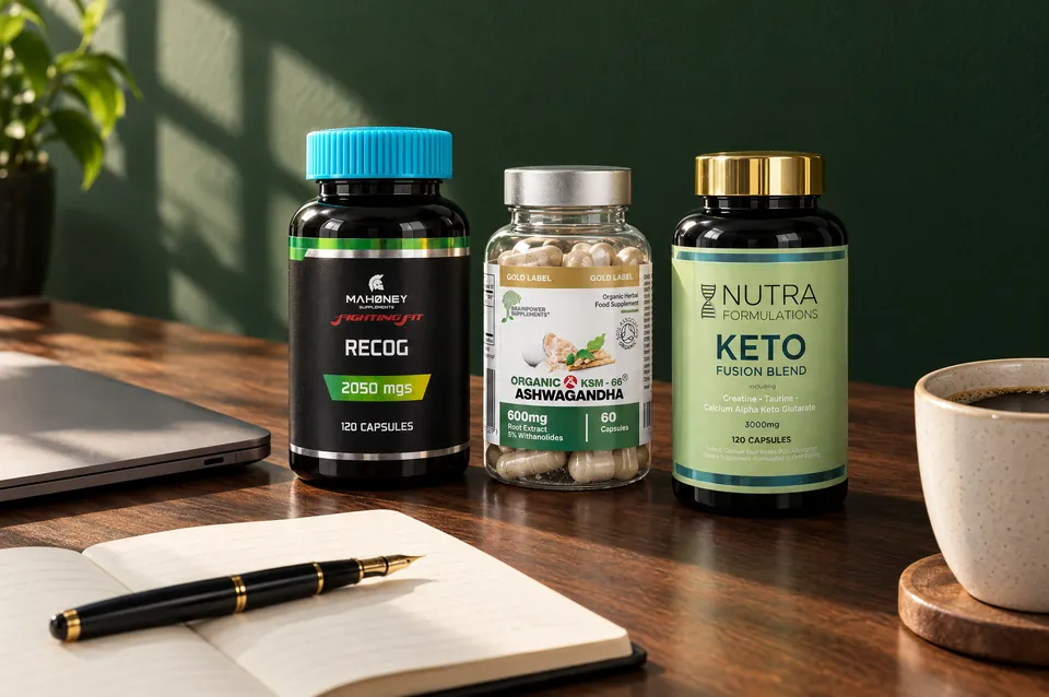 Recog with Lion’s Mane, KSM-66 Ashwagandha and Keto Fusion on a dark oak desk