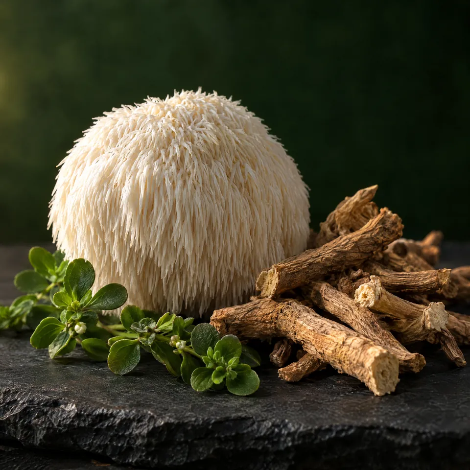 Lion’s mane mushroom and ashwagandha root on slate