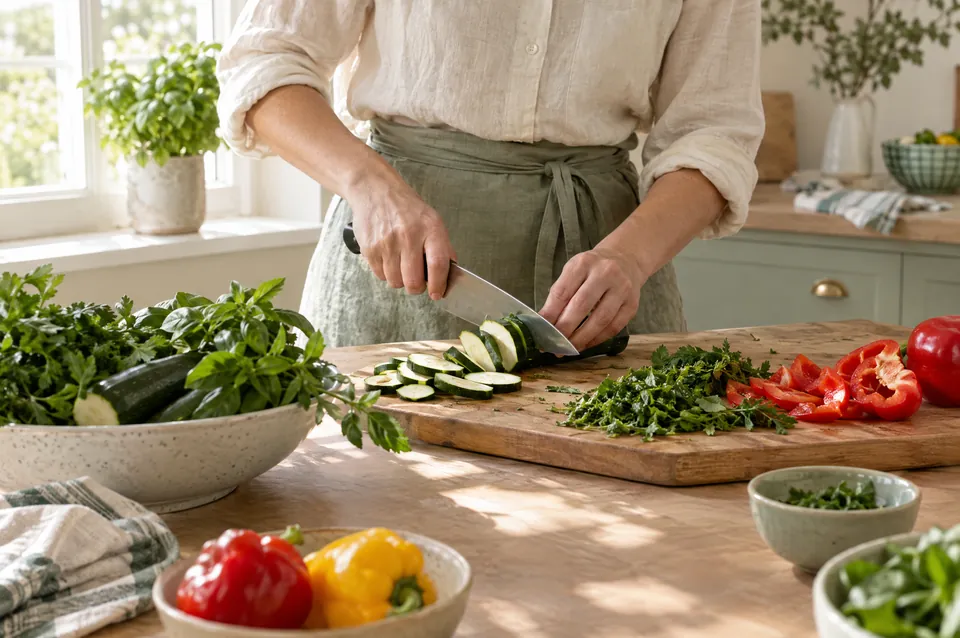 Hands chopping fresh vegetables in a bright kitchen
