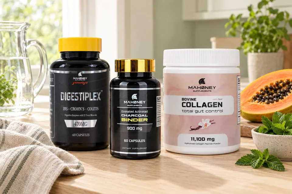 Digestiplex, Activated Charcoal and Bovine Collagen on a pale kitchen worktop
