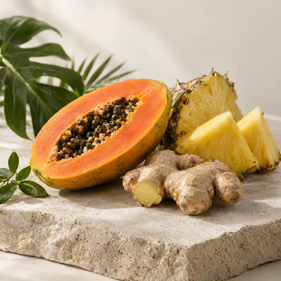 Papaya, pineapple and fresh ginger on pale stone