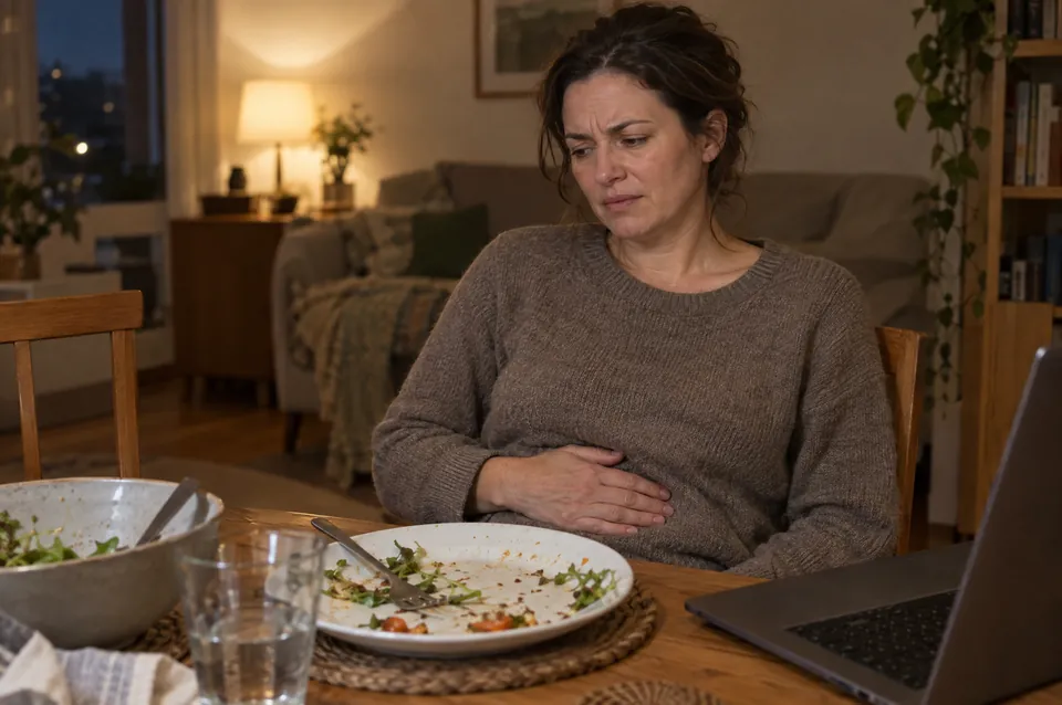 A woman at a dinner table looking uncomfortable after a meal