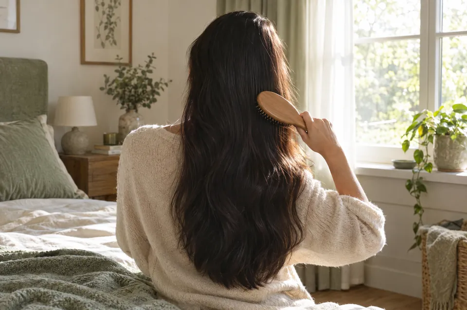 A woman brushing her long hair in morning light