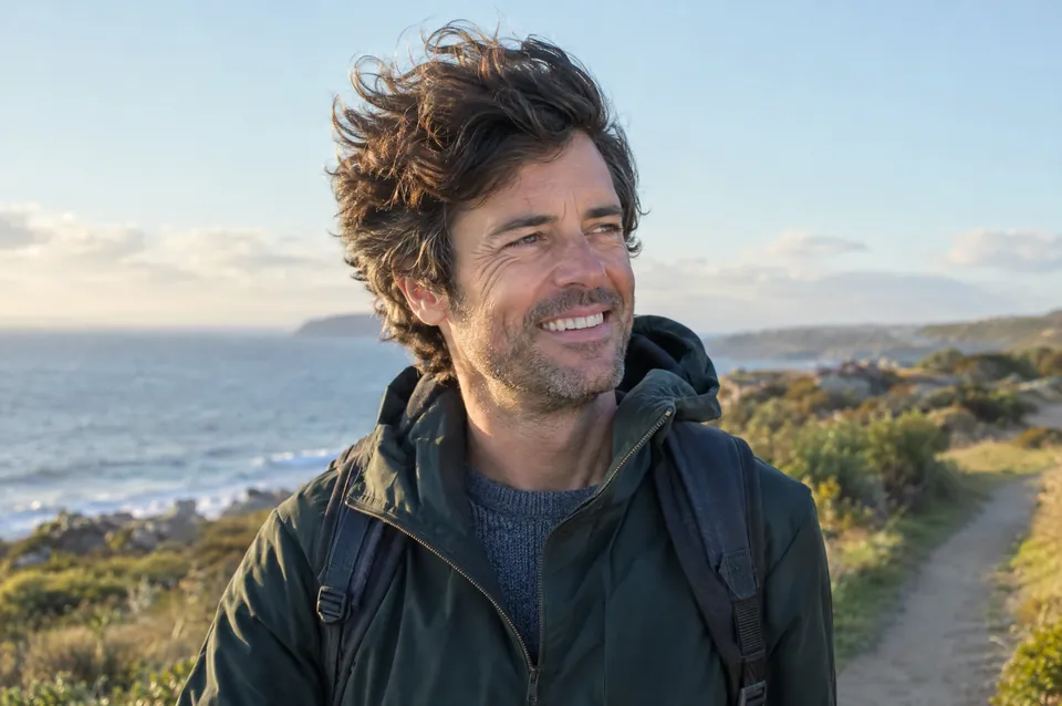 A man smiling outdoors with the wind in his hair