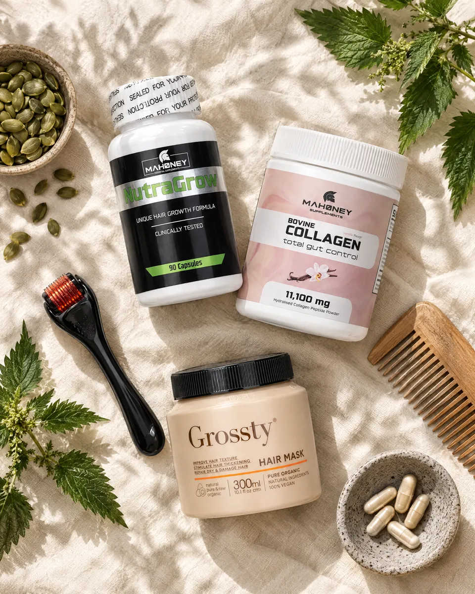 The Hair Thickening products on linen with pumpkin seeds and nettle leaves