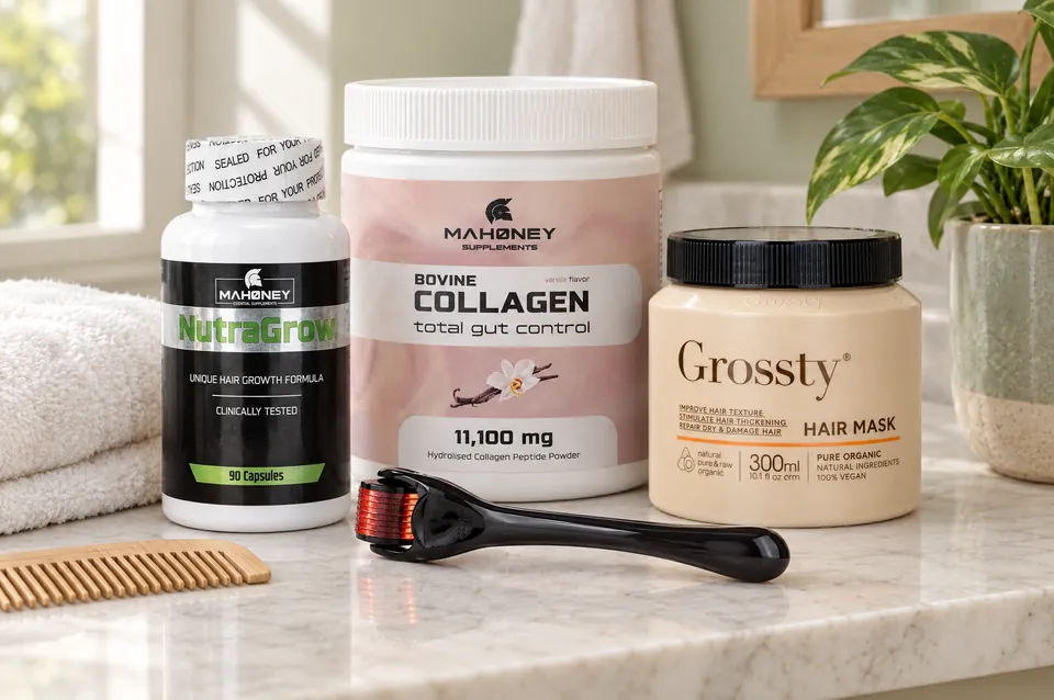 Nutragrow, Bovine Collagen, a micro-needle roller and Batana Hair Mask on a marble bathroom shelf