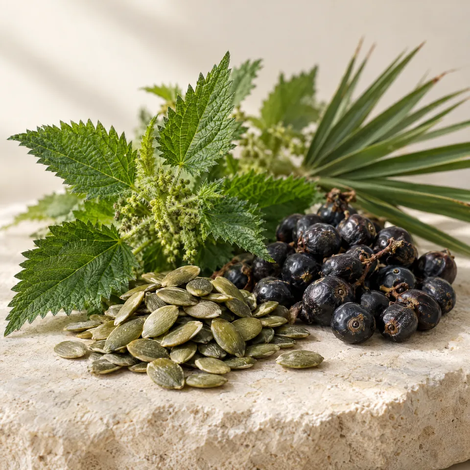 Pumpkin seeds, saw palmetto berries and nettle leaves on stone
