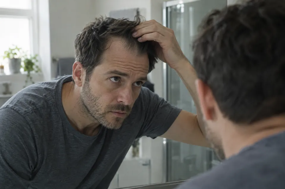 A man checking his hairline in a bathroom mirror