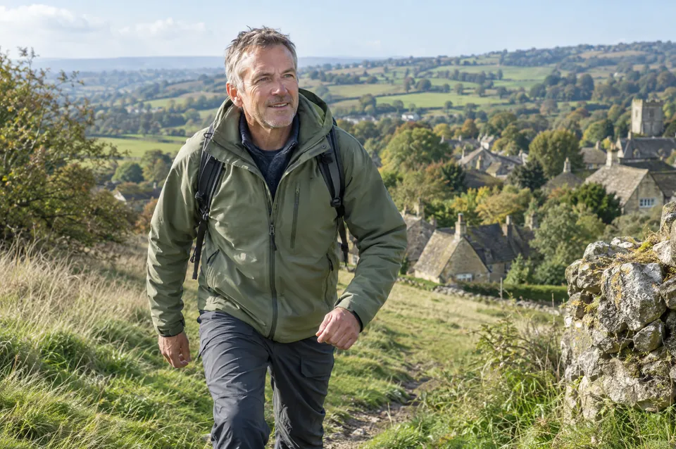 A man in his fifties walking briskly up a hill path