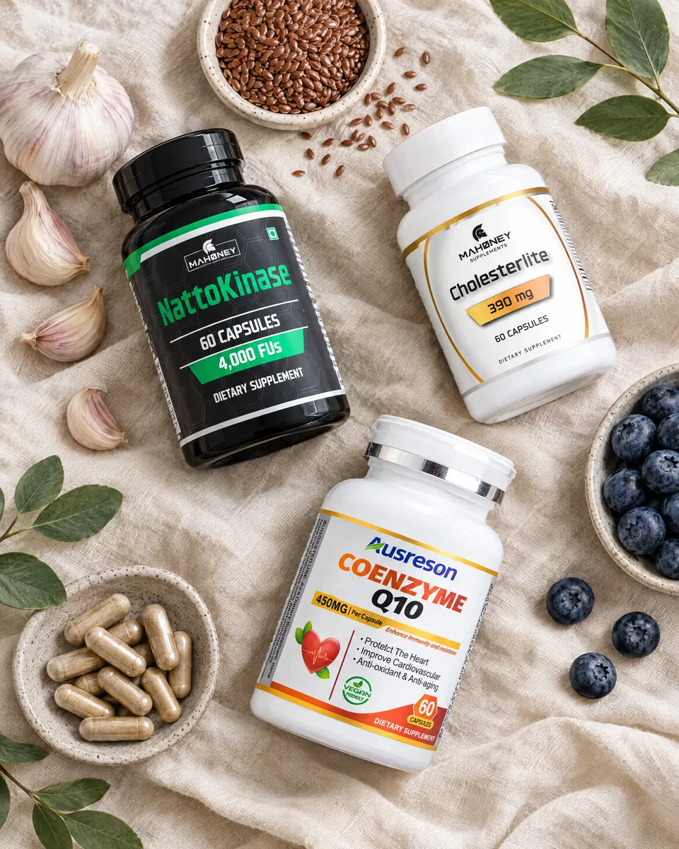 The three Heart & Circulation products on linen with garlic, flaxseed and berries
