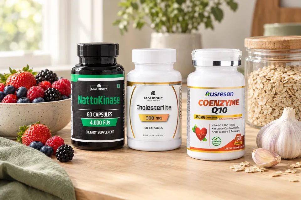 Nattokinase, Cholestilite and CoQ10 on a kitchen table with berries and oats