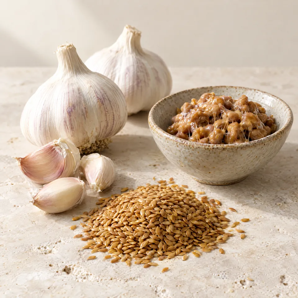 Garlic, flaxseed and fermented soybeans on stone