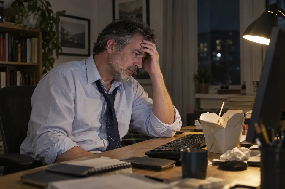 A stressed man at a desk late in the evening with a takeaway
