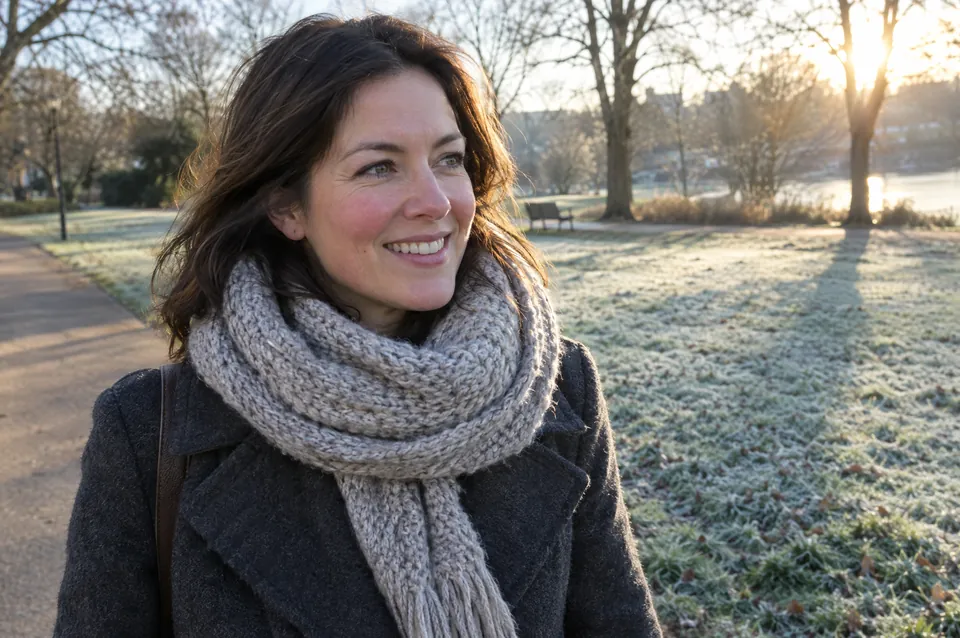 A woman in a scarf walking in winter sunshine