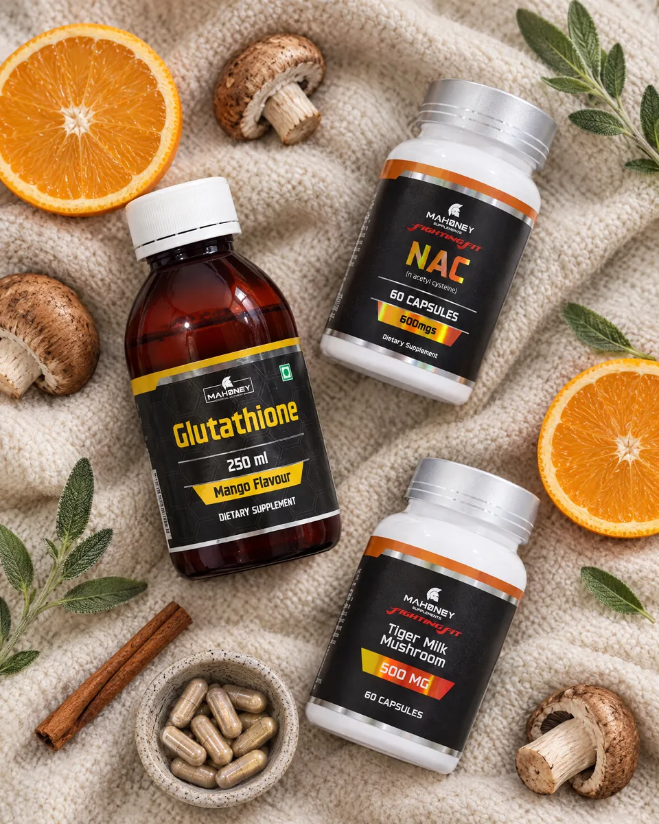 The three Immune products on a wool blanket with citrus and mushrooms