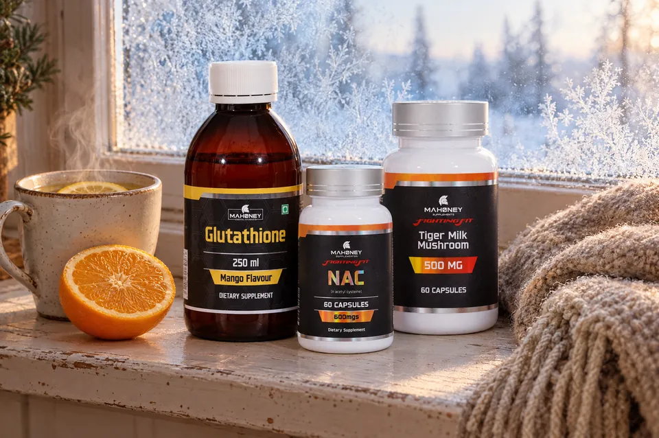Liposomal Glutathione, NAC and Tiger Milk Mushroom on a winter windowsill