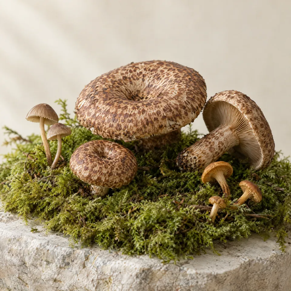 Tiger milk mushroom and wild mushrooms on moss