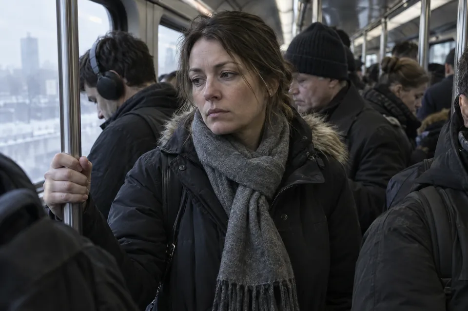 A tired woman in a winter coat on a crowded train