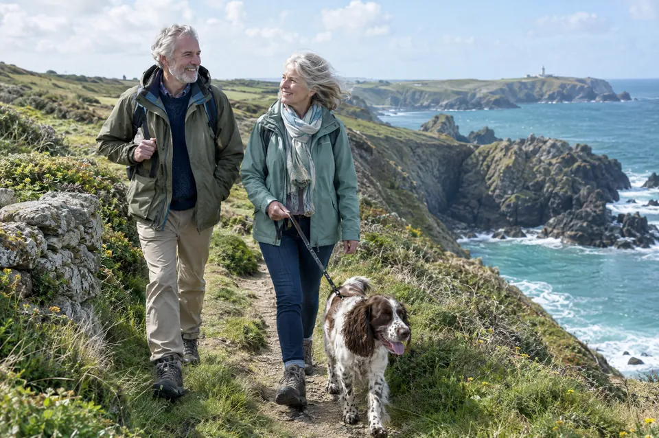 A couple in their sixties walking a dog on a coastal path