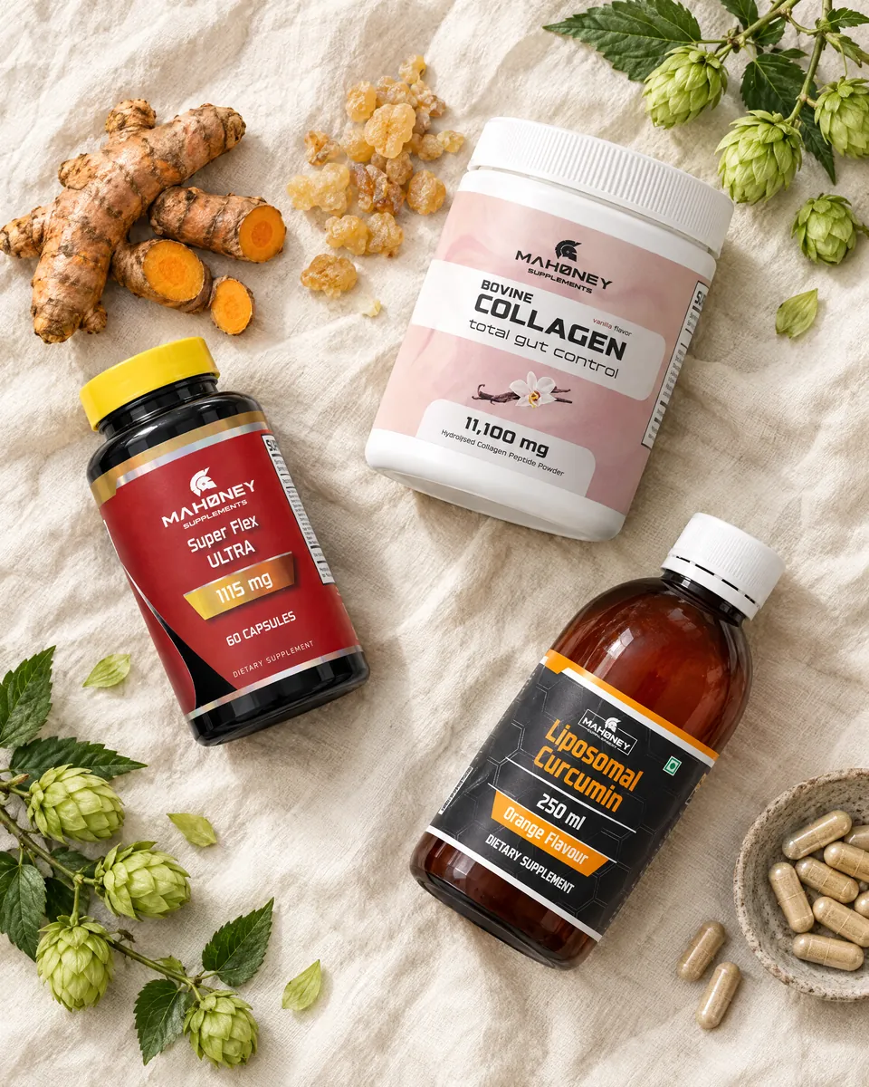The three Joints & Mobility products on linen with turmeric and boswellia resin