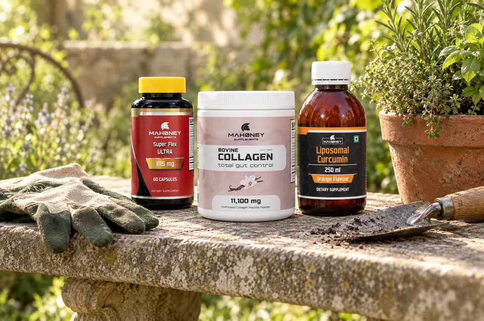 Super Flex Ultra, Bovine Collagen and Liposomal Curcumin on a stone garden bench