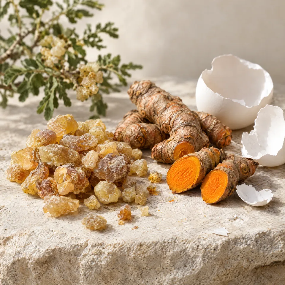 Boswellia resin, turmeric root and eggshells on stone