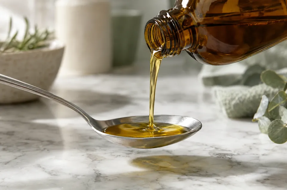 Pouring a liquid supplement onto a spoon