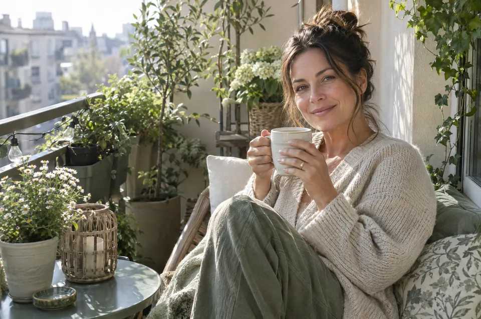 A woman relaxing on a balcony with a morning coffee