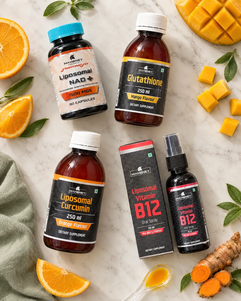 The four liposomal products on marble with oranges and mango