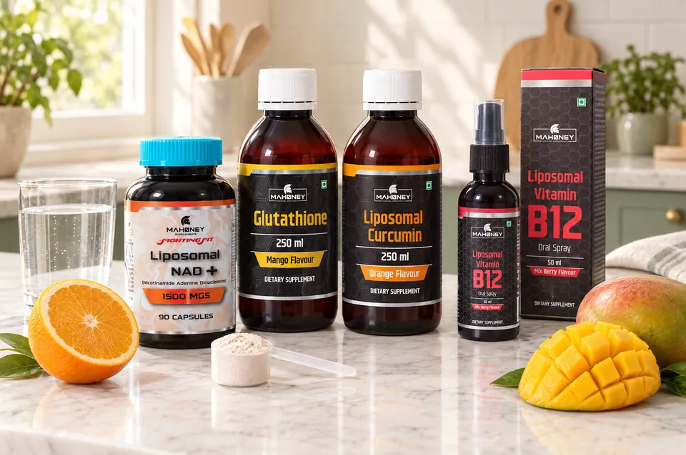 Liposomal NAD Plus, Glutathione, Curcumin and B12 spray on a marble worktop