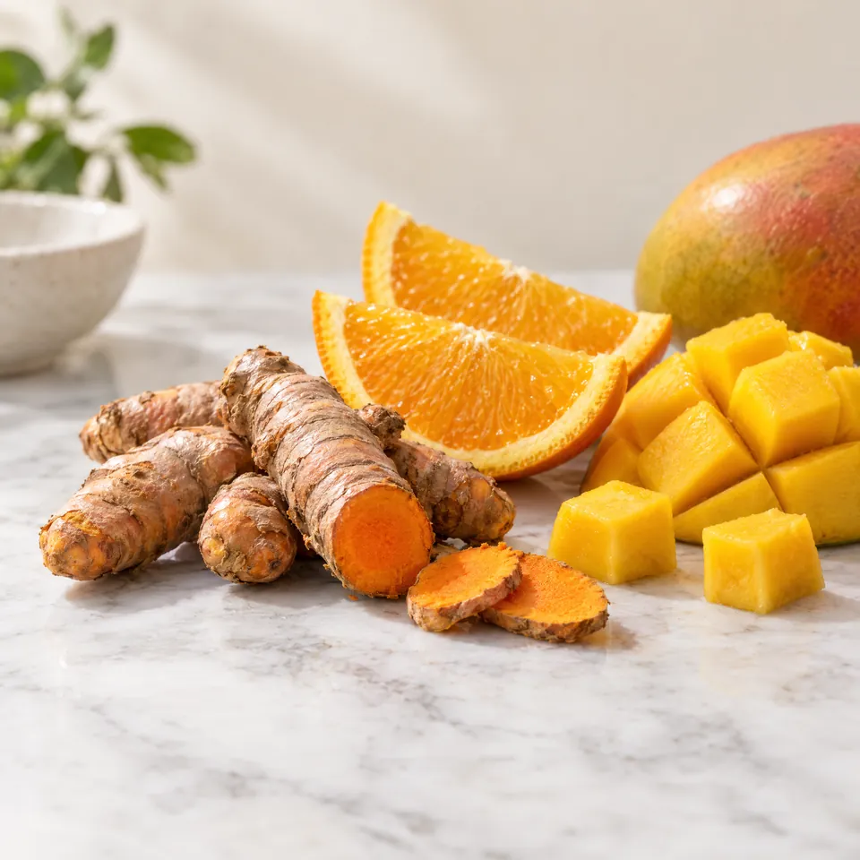Turmeric root, orange slices and mango on marble