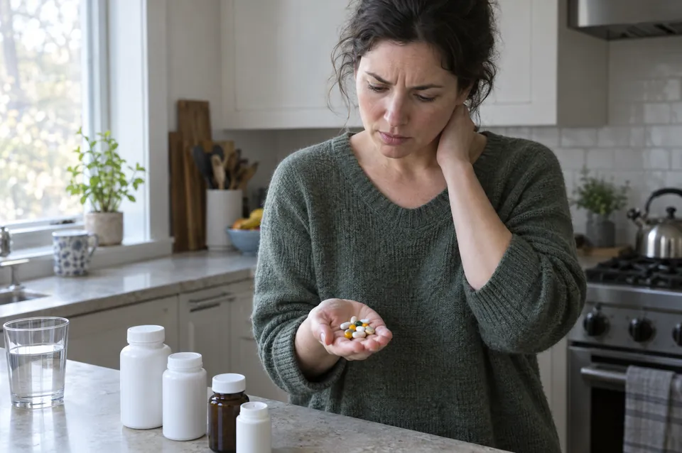 A woman holding a handful of mixed capsules, unsure