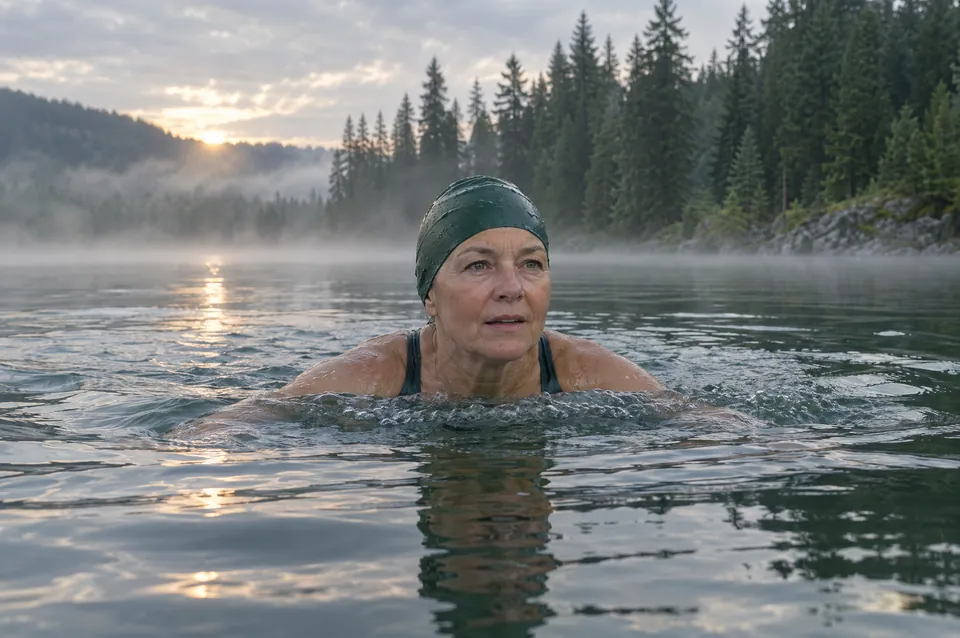 A woman in her sixties swimming in a lake at dawn