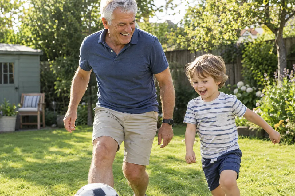 A man in his sixties laughing in a garden