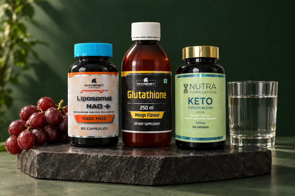 Liposomal NAD Plus, Liposomal Glutathione and Keto Fusion on a dark stone plinth
