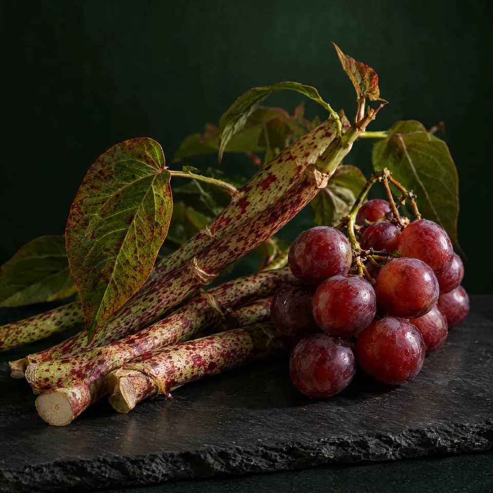 Japanese knotweed stems and red grapes on slate