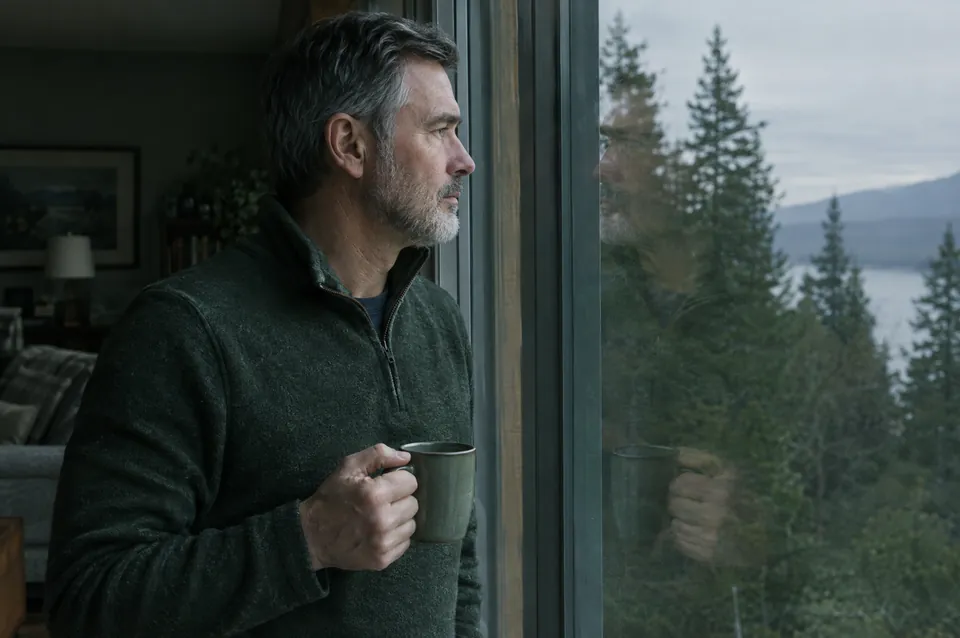 A man in his fifties looking out of a window, thoughtful