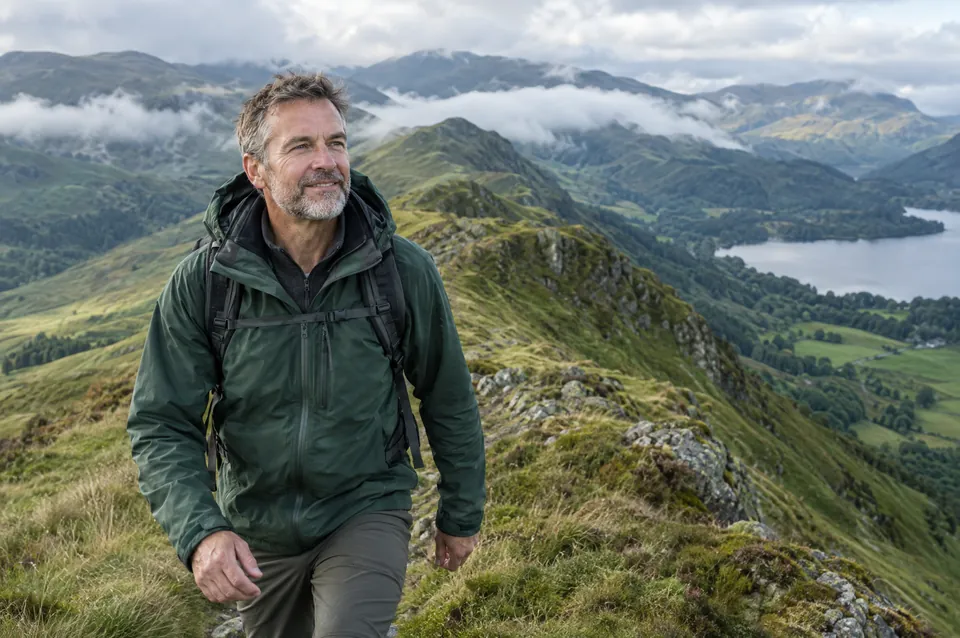 A man in his fifties hiking along a ridge