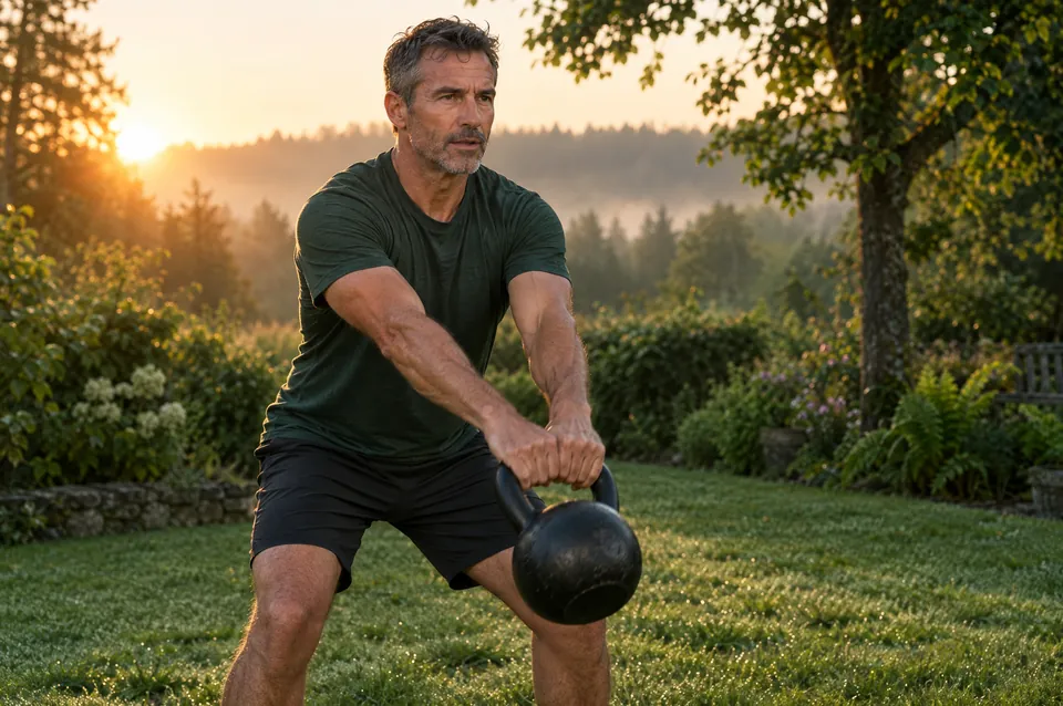 A man in his fifties training with a kettlebell in a garden at dawn