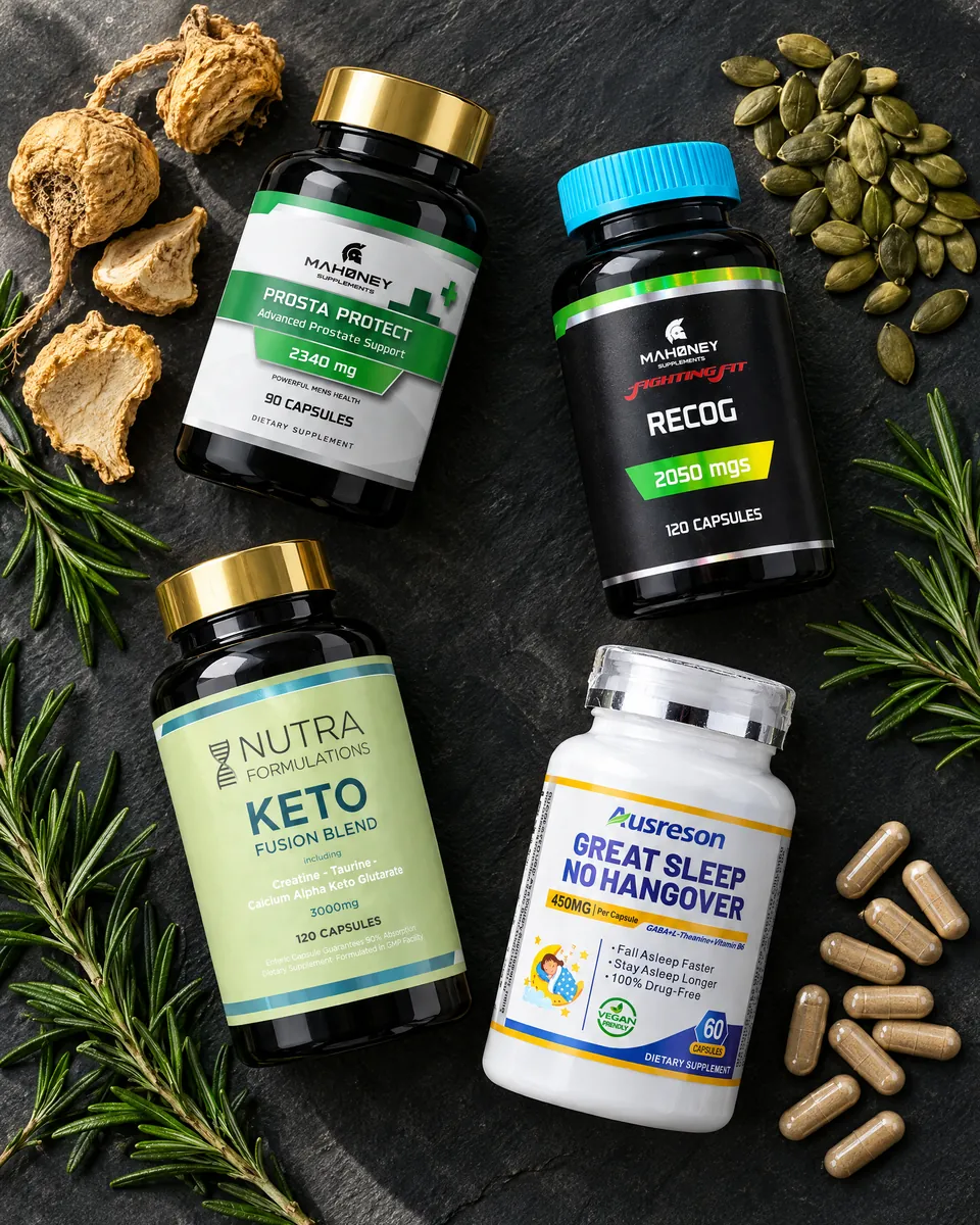 The four Men’s Health products on slate with maca root and pumpkin seeds