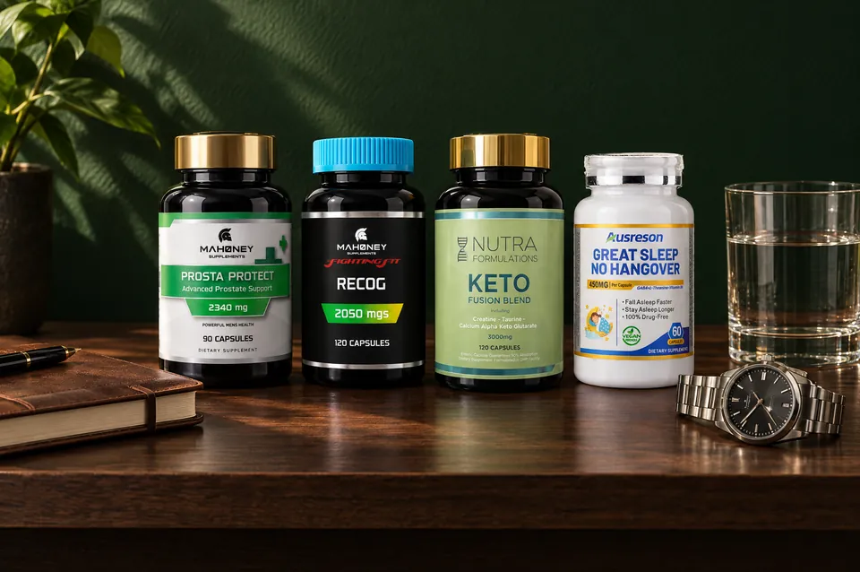Prosta Protect, Recog, Keto Fusion and Great Sleep No Hangover on a dark wooden shelf