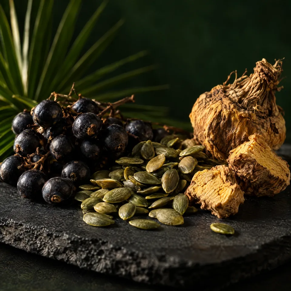 Saw palmetto berries, pumpkin seeds and maca root on slate