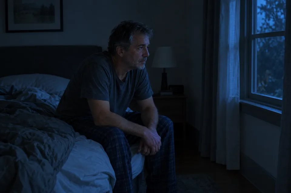 A man in his fifties sitting awake on the edge of his bed at night
