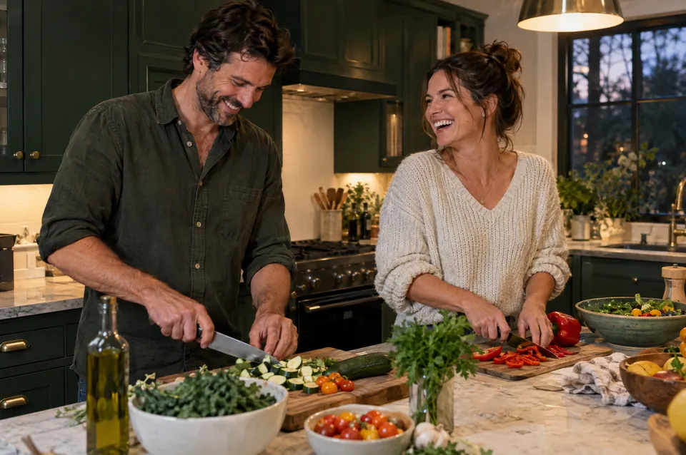A couple preparing a fresh meal together