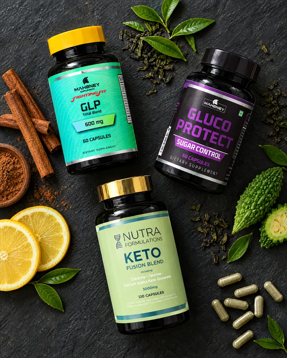 The three Weight & Metabolism products on slate with cinnamon, lemon and green tea