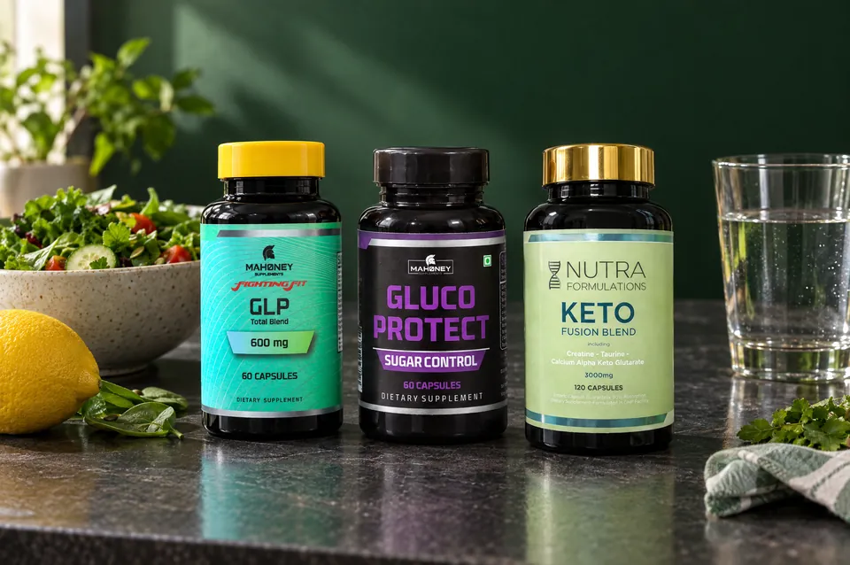 GLP, Gluco Protect and Keto Fusion on a dark stone kitchen counter