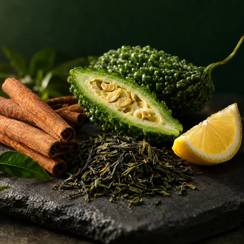 Cinnamon sticks, bitter melon, green tea leaves and lemon on slate