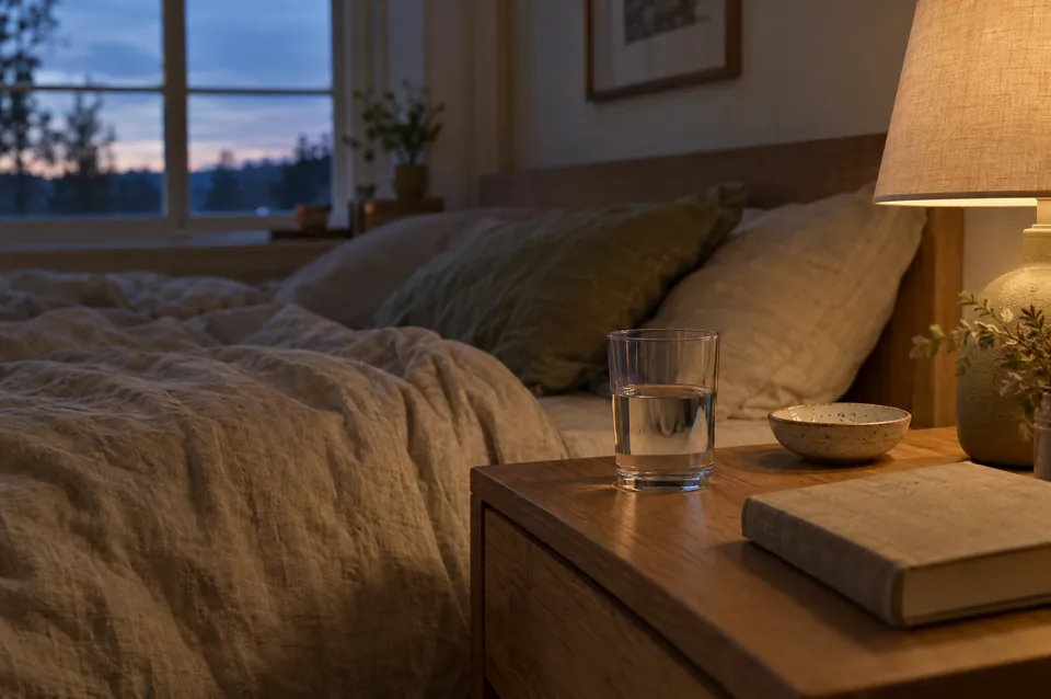 A glass of water and a book on a bedside table at dusk
