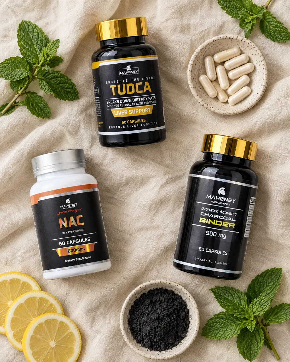 TUDCA, NAC and Activated Charcoal on linen with lemon, mint and charcoal powder